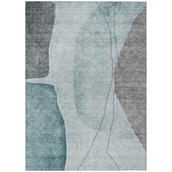 10' X 14' Teal Blue Aqua And Gray Abstract Washable Indoor Outdoor Area Rug