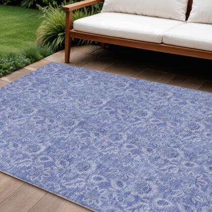 9' X 12' Denim Blue And Navy Blue Floral Washable Indoor Outdoor Area Rug