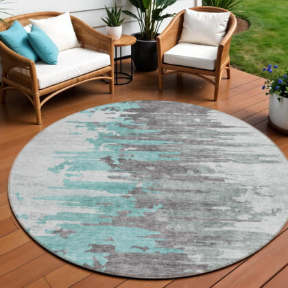 8' Teal Blue Charcoal And Silver Round Abstract Washable Indoor Outdoor Area Rug