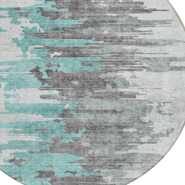 8' Teal Blue Charcoal And Silver Round Abstract Washable Indoor Outdoor Area Rug