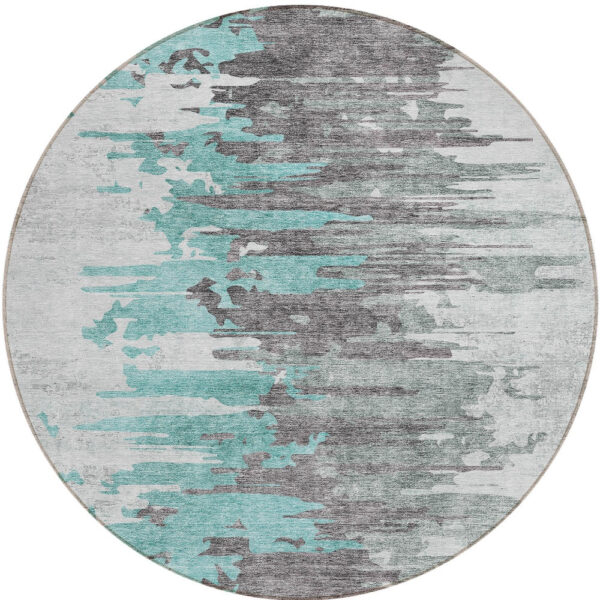 8' Teal Blue Charcoal And Silver Round Abstract Washable Indoor Outdoor Area Rug