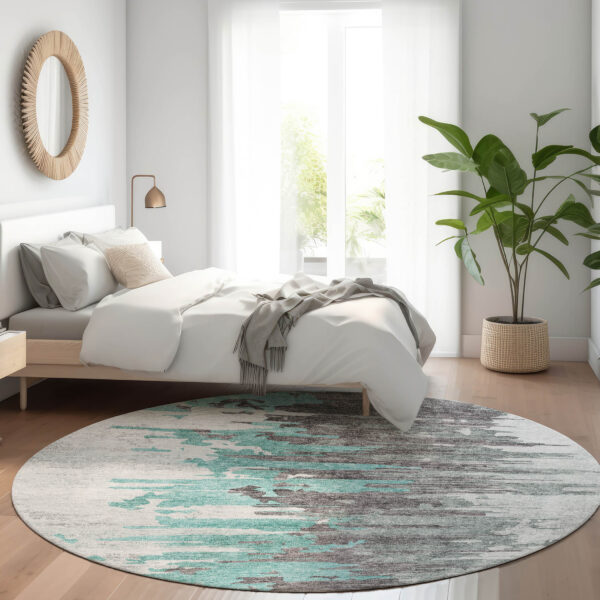 8' Teal Blue Charcoal And Silver Round Abstract Washable Indoor Outdoor Area Rug