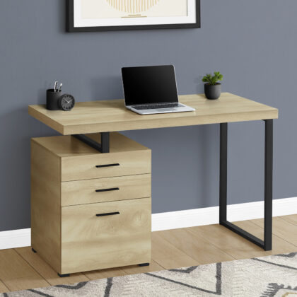 47" Natural and Black Wood and Metal Computer Desk With Three Drawers
