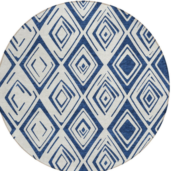 8' Navy Blue And Ivory Round Geometric Washable Indoor Outdoor Area Rug