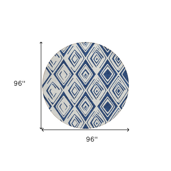 8' Navy Blue And Ivory Round Geometric Washable Indoor Outdoor Area Rug