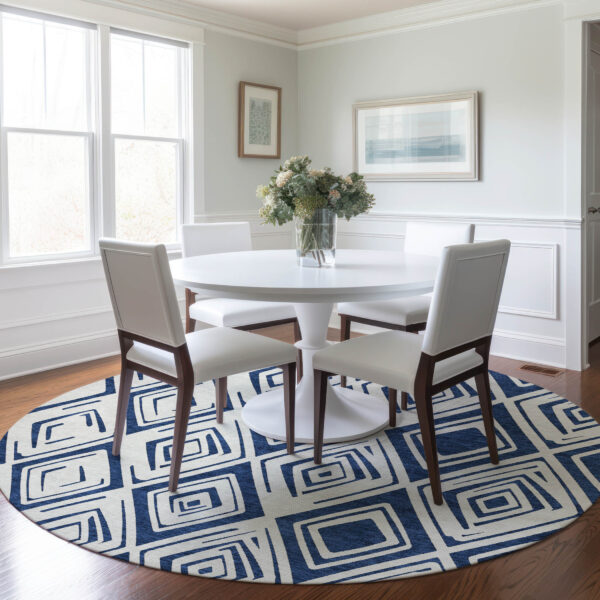 8' Navy Blue And Ivory Round Geometric Washable Indoor Outdoor Area Rug