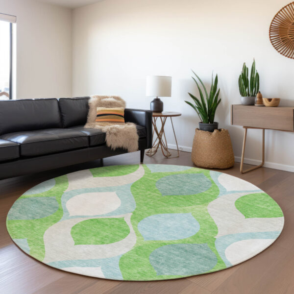 8' Lime Green Sky Blue And Denim Blue Round Ogee Washable Indoor Outdoor Area Rug