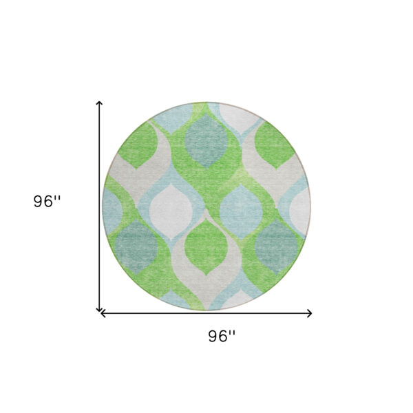 8' Lime Green Sky Blue And Denim Blue Round Ogee Washable Indoor Outdoor Area Rug