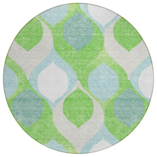 8' Lime Green Sky Blue And Denim Blue Round Ogee Washable Indoor Outdoor Area Rug