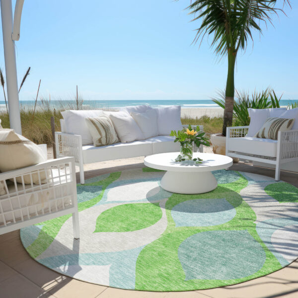 8' Lime Green Sky Blue And Denim Blue Round Ogee Washable Indoor Outdoor Area Rug