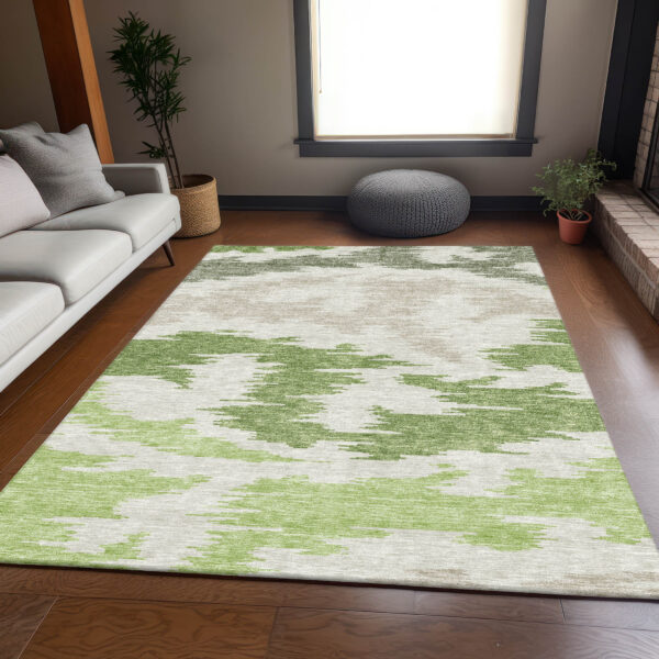 10' X 14' Olive Green And Beige Abstract Washable Indoor Outdoor Area Rug
