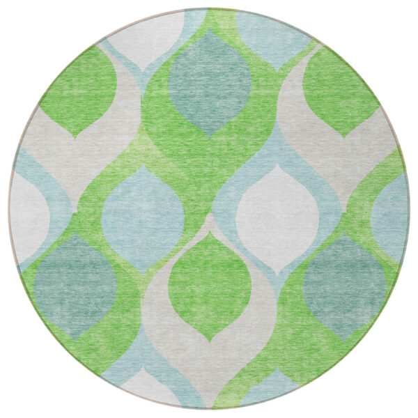 8' Lime Green Sky Blue And Denim Blue Round Ogee Washable Indoor Outdoor Area Rug