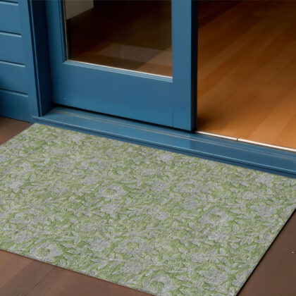 3' X 5' Olive Green And Gray Floral Washable Indoor Outdoor Area Rug