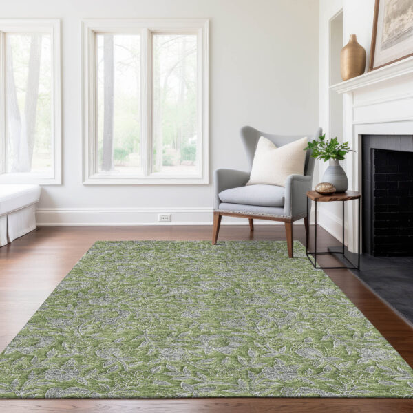 3' X 5' Olive Green And Gray Floral Washable Indoor Outdoor Area Rug