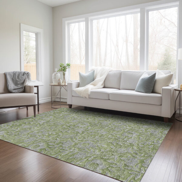 3' X 5' Olive Green And Gray Floral Washable Indoor Outdoor Area Rug