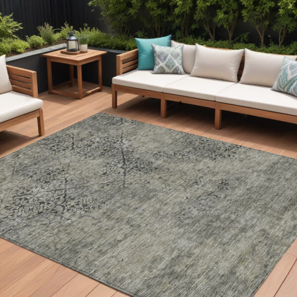 8' X 10' Taupe Khaki And Charcoal Floral Washable Indoor Outdoor Area Rug