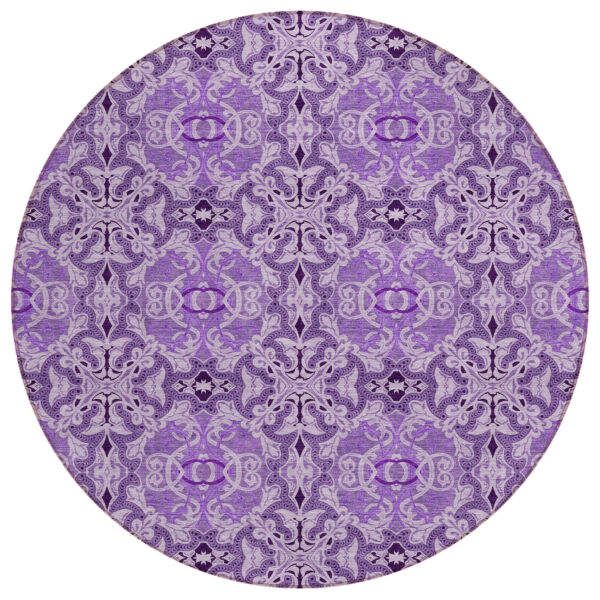 8' Purple And Lavender Round Medallion Washable Indoor Outdoor Area Rug