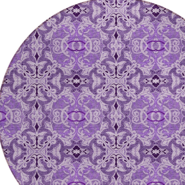 8' Purple And Lavender Round Medallion Washable Indoor Outdoor Area Rug