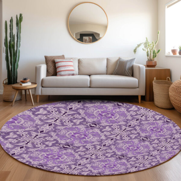 8' Purple And Lavender Round Medallion Washable Indoor Outdoor Area Rug