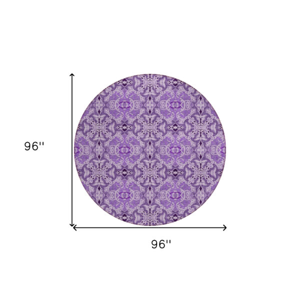 8' Purple And Lavender Round Medallion Washable Indoor Outdoor Area Rug