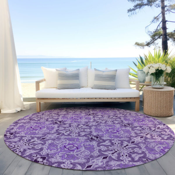 8' Purple And Lavender Round Medallion Washable Indoor Outdoor Area Rug
