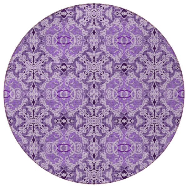 8' Purple And Lavender Round Medallion Washable Indoor Outdoor Area Rug