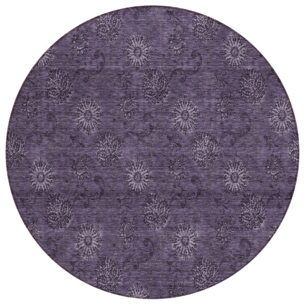 8' Eggplant And Purple Round Floral Washable Indoor Outdoor Area Rug