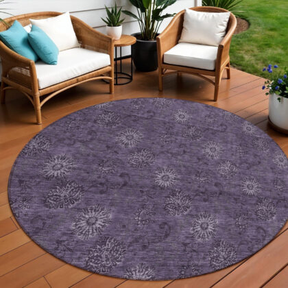 8' Eggplant And Purple Round Floral Washable Indoor Outdoor Area Rug