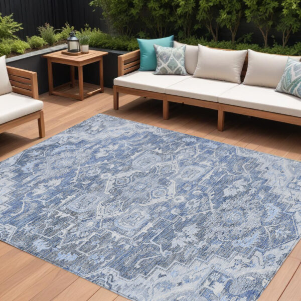 9' X 12' Denim Blue And Sky Blue Oriental Washable Indoor Outdoor Area Rug