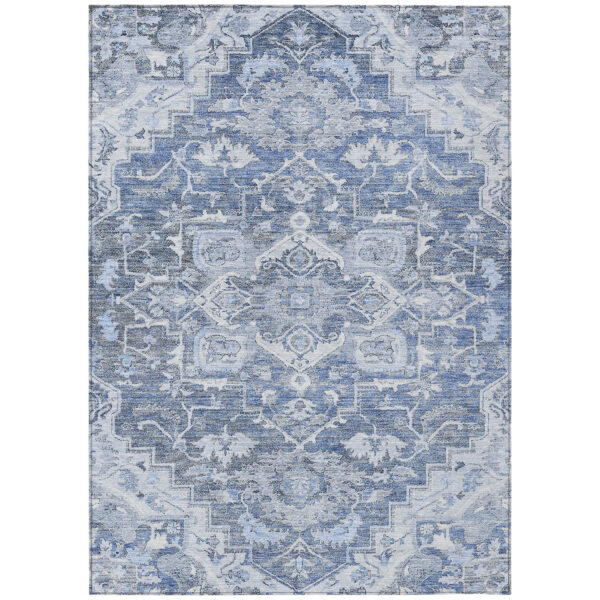 9' X 12' Denim Blue And Sky Blue Oriental Washable Indoor Outdoor Area Rug