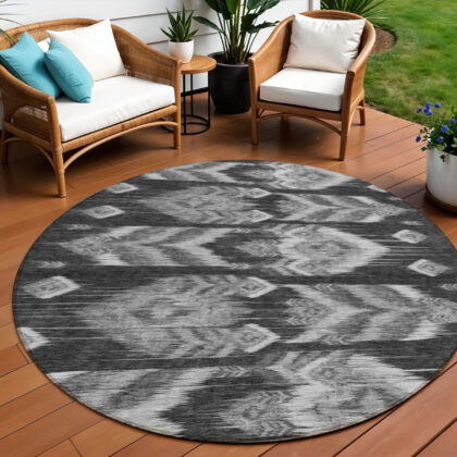 8' Black Charcoal And Silver Round Southwestern Washable Indoor Outdoor Area Rug