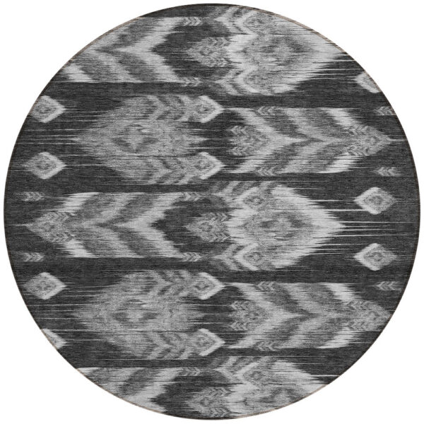 8' Black Charcoal And Silver Round Southwestern Washable Indoor Outdoor Area Rug