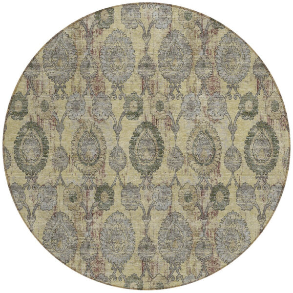 8' Gold Gray And Charcoal Round Damask Washable Indoor Outdoor Area Rug