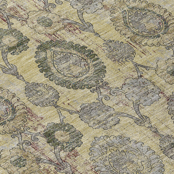 8' Gold Gray And Charcoal Round Damask Washable Indoor Outdoor Area Rug