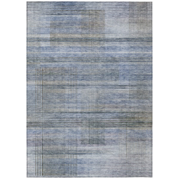 10' X 14' Denim Blue And Sky Blue Striped Washable Indoor Outdoor Area Rug