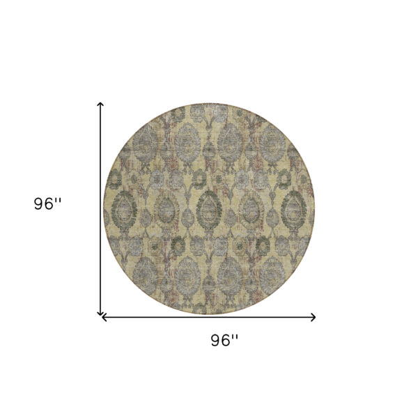 8' Gold Gray And Charcoal Round Damask Washable Indoor Outdoor Area Rug