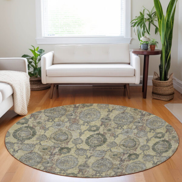 8' Gold Gray And Charcoal Round Damask Washable Indoor Outdoor Area Rug