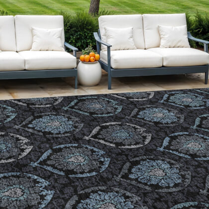 9' X 12' Blue Charcoal And Gray Medallion Washable Indoor Outdoor Area Rug