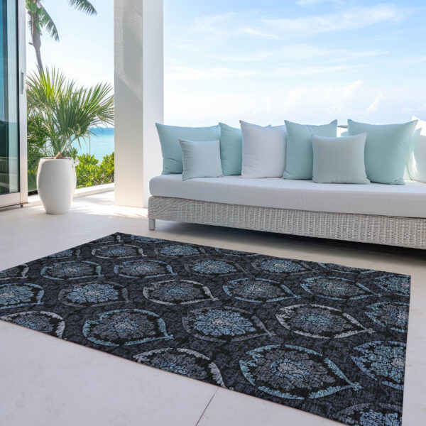 9' X 12' Blue Charcoal And Gray Medallion Washable Indoor Outdoor Area Rug