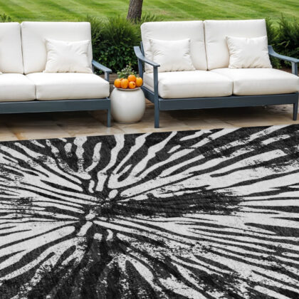 8' X 10' Black Charcoal And Ivory Abstract Washable Indoor Outdoor Area Rug