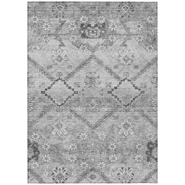 8' X 10' Gray Charcoal And Silver Floral Washable Indoor Outdoor Area Rug
