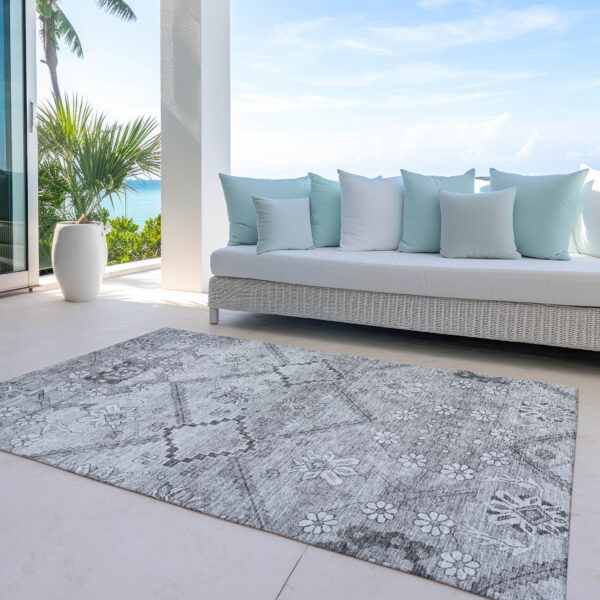 8' X 10' Gray Charcoal And Silver Floral Washable Indoor Outdoor Area Rug