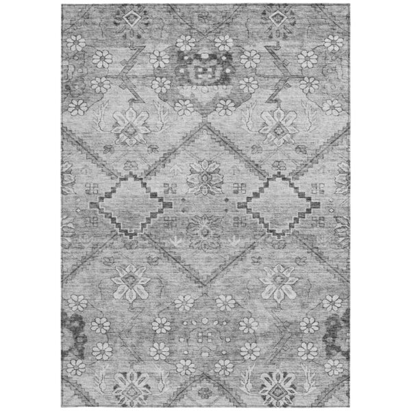 8' X 10' Gray Charcoal And Silver Floral Washable Indoor Outdoor Area Rug