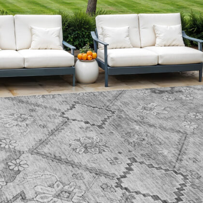 8' X 10' Gray Charcoal And Silver Floral Washable Indoor Outdoor Area Rug