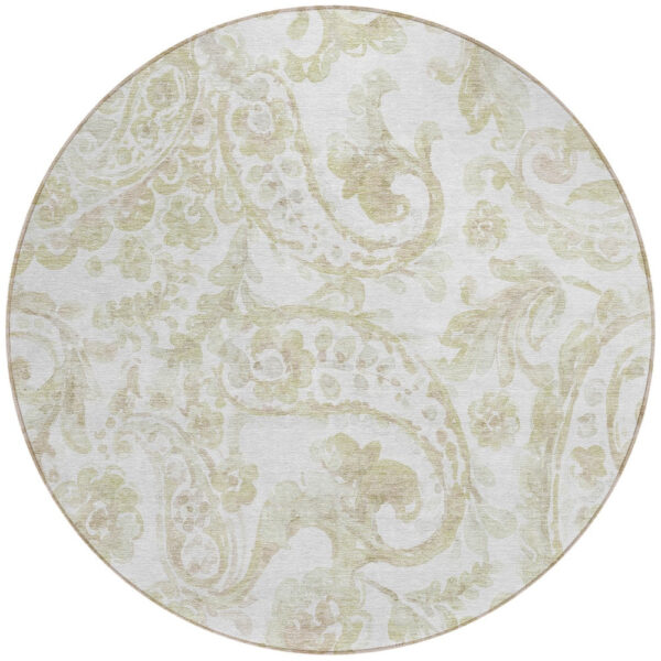 8' Beige Tan And Ivory Round Paisley Washable Indoor Outdoor Area Rug