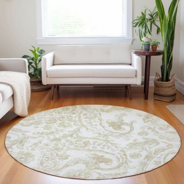 8' Beige Tan And Ivory Round Paisley Washable Indoor Outdoor Area Rug
