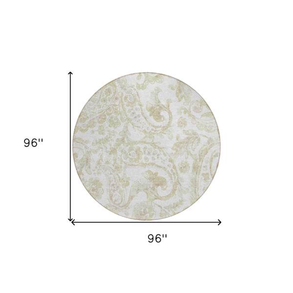8' Beige Tan And Ivory Round Paisley Washable Indoor Outdoor Area Rug