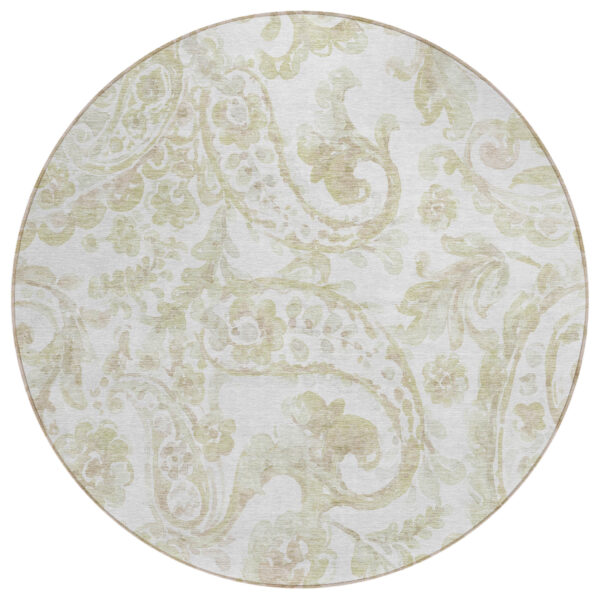 8' Beige Tan And Ivory Round Paisley Washable Indoor Outdoor Area Rug