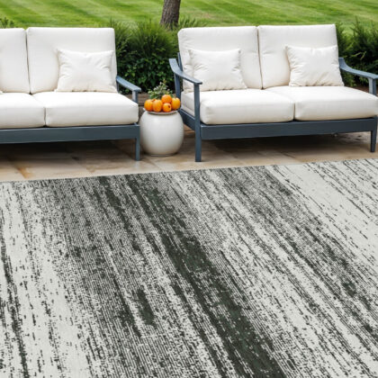 8' X 10' Black Ivory And Gray Striped Washable Indoor Outdoor Area Rug