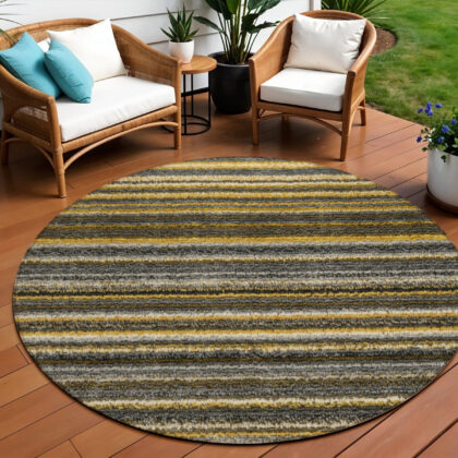 8' Gold Beige And Wheat Round Striped Washable Indoor Outdoor Area Rug